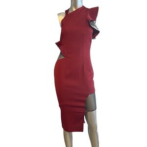 N12H Burgundy  "Lights Out" asymmetric ruffled dress with mesh detail Size S